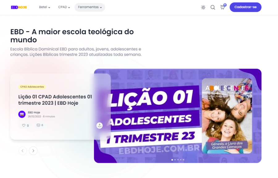 app ebdhoje desktop EBD Hoje - Escola Dominical Baixe o APP EBD Hoje app ebdhoje desktop EBD Hoje - Escola Dominical Baixe o APP EBD Hoje Lições Bíblicas CPAD - EBD Revista Betel - Subsídio Professor PDF Digital O APP EBD Hoje é uma plataforma para professores da Escola Bíblica Dominical que usam a revista da editora Betel e CPAD. Nós fornecemos subsídios para professores e alunos baseados nas revistas de cada trimestre.Além das lições que publicamos semanalmente, fornecemos comentários das aulas em vídeo, áudio e podcast, bem como Material de Apoio em PDF de cada lição para auxiliar no processo de aprendizagem da Bíblia.