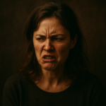 Mulher com expressão angustiada murmurando em tons escuros e dramáticos, representando luta interior e insatisfação espiritual.