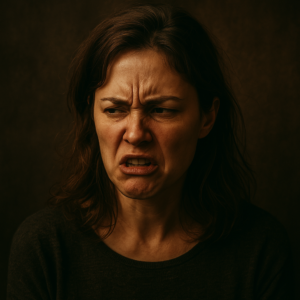 Mulher com expressão angustiada murmurando em tons escuros e dramáticos, representando luta interior e insatisfação espiritual.