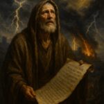 Pintura a óleo dramática mostrando um profeta em prantos, ajoelhado, com o céu escuro e relâmpagos ao fundo, representando a missão profética de Jeremias.