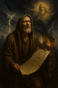 Pintura a óleo dramática mostrando um profeta em prantos, ajoelhado, com o céu escuro e relâmpagos ao fundo, representando a missão profética de Jeremias.