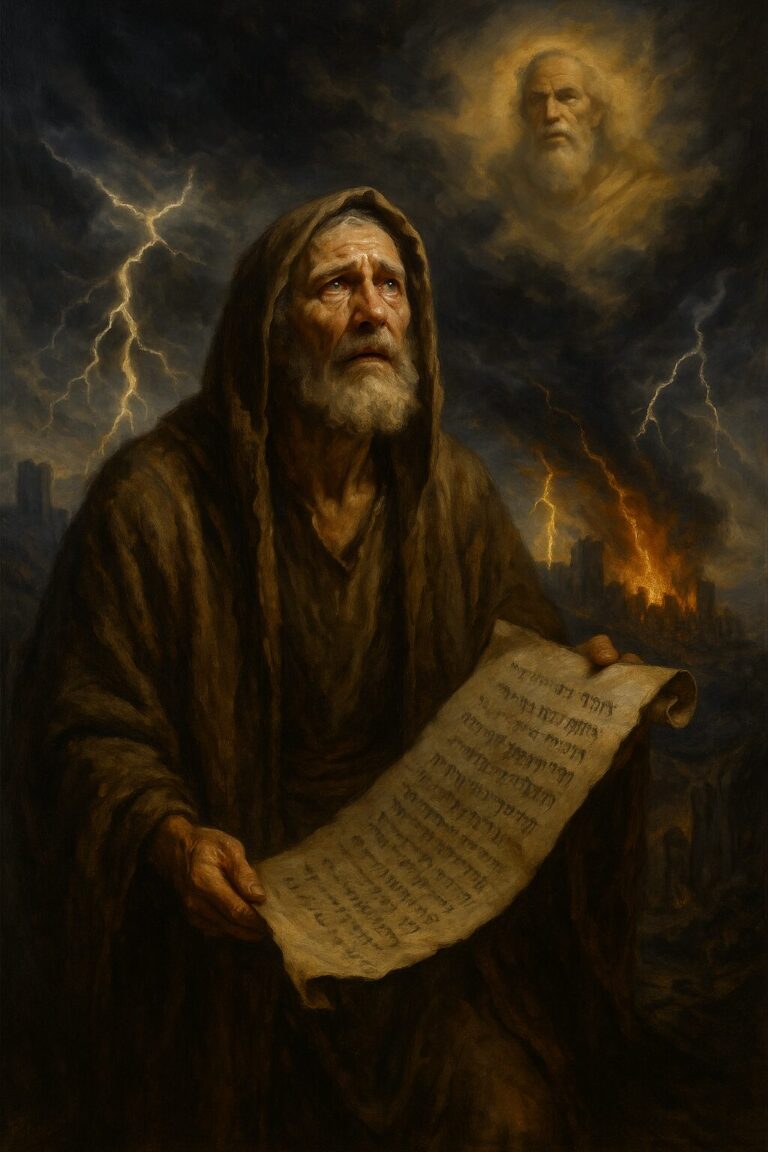 Pintura a óleo dramática mostrando um profeta em prantos, ajoelhado, com o céu escuro e relâmpagos ao fundo, representando a missão profética de Jeremias.